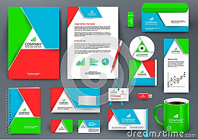 Professional colorful universal branding design kit with triangle origami element. Vector Illustration