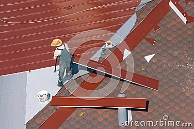 Professional construction worker changing the roof membrane of a building with metal roof sheet. Stock Photo