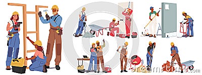 Professional Construction Workers, Builders, And Repairman Employees at Work. Women And Men Industrial Workers Vector Illustration