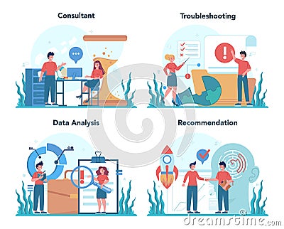 Professional consulting service set. Research and recommendation Vector Illustration