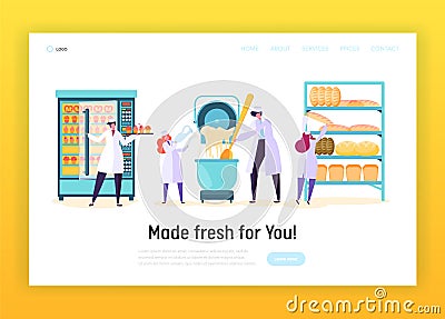 Professional Cook in Chef Uniform in Kitchen Landing Page. Male and Female Character Make Dough, Bake Bread, Muffin Vector Illustration