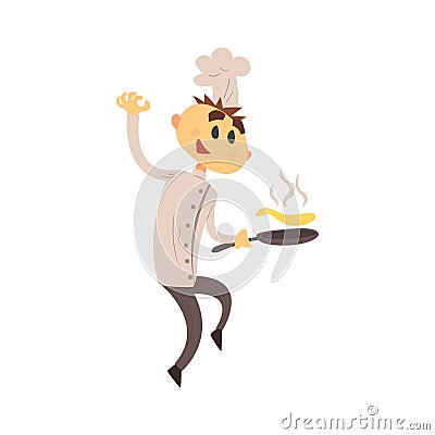 Professional Cook In Classic Double Breasted White Jacket And Toque Frying Pancakes Vector Illustration