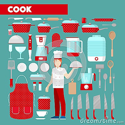 Professional Cook Icons Set with Kitchen Utensils Vector Illustration