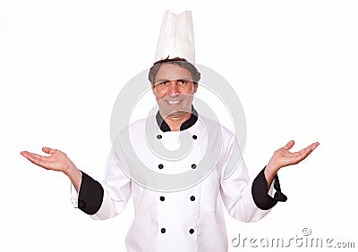 Professional cook standing with palms out Stock Photo