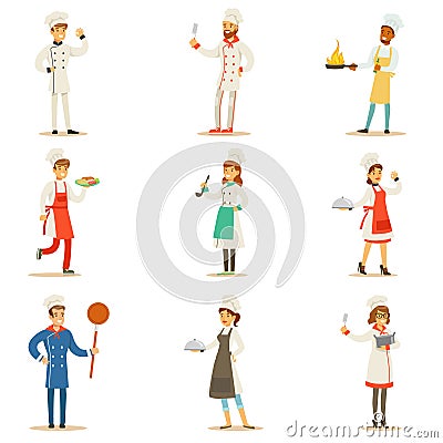 Professional Cooking Chefs Working In REstaurant Wearing Classic Traditional White Uniform Set OF Cartoon Characters Vector Illustration