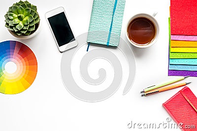 Professional creative graphic designer desk on white background top view mock up Stock Photo