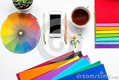 Professional creative graphic designer desk on white background top view Stock Photo