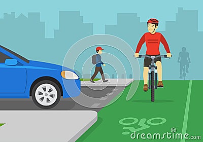 Professional cyclist turned his head and looking at blue sedan car. Front view of cycling bike rider on a bicycle lane. Vector Illustration