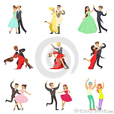 Professional Dancer Couple Dancing Tango, Waltz And Other Dances On Dancing Contest Dancefloor Collection Vector Illustration