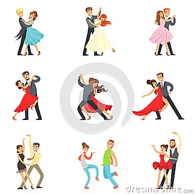 Professional Dancer Couple Dancing Tango, Waltz And Other Dances On Dancing Contest Dancefloor Set Vector Illustration