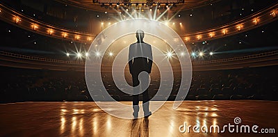 Professional Demeanor: Businessman Stands Tall in Commanding Auditorium Setting Stock Photo