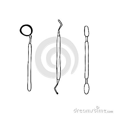 Professional dental tools set for dental examination in doodle style. Set for Dentistry Inspection. Isolated on white Vector Illustration