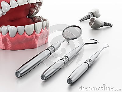 Professional dentist tools isolated on white background. 3D illustration Cartoon Illustration