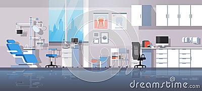 Professional dentist workplace chair and tools dental room cabinet tooth care concept modern clinic office interior flat Vector Illustration