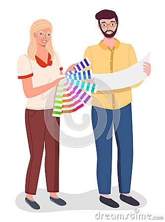 Professional designer holding and selecting palette samples. Color selection for print design Vector Illustration