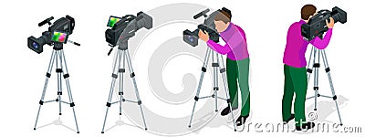 Professional digital video camera and Cameraman. Flat 3d isometric illustration for infographics and design. Camcorders Vector Illustration