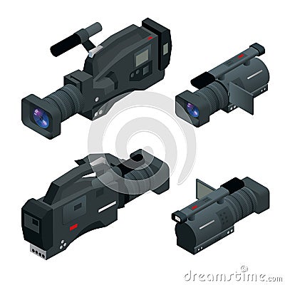 Professional digital video camera set. Film lens, television camera. Flat 3d isometric illustration. Vector Illustration