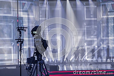 Professional digital video camera, tv camera in a concert hall Stock Photo