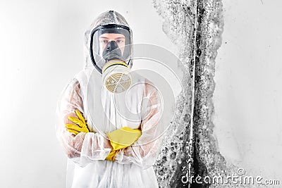A professional disinfector in overalls processes the walls from mold. Removal of black fungus in the apartment and house. Aspergil Stock Photo