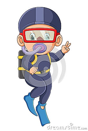 The professional diver man is posing and giving the peace fingers under the water Vector Illustration