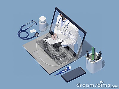 Professional doctor giving a consultation online in a laptop Stock Photo