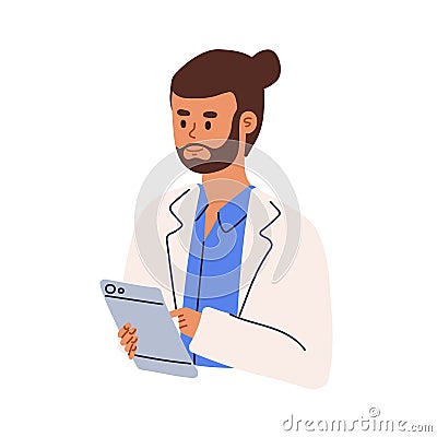 Professional doctor or medical student using tablet PC. Happy medic specialist in uniform. Colored flat cartoon vector Vector Illustration