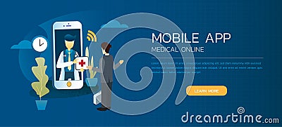 The professional doctor and Patient meeting advise application online on a smartphone. Vector Illustration