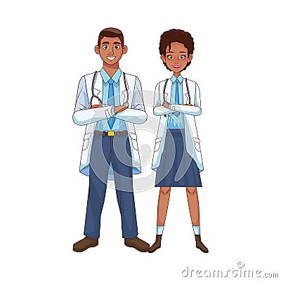 Professional doctors couple afro avatars characters Vector Illustration