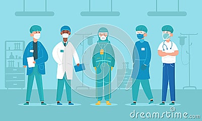 Professional doctors in protective suits, virus outbreak emergency concept. Doctor Characters. Vector Illustration