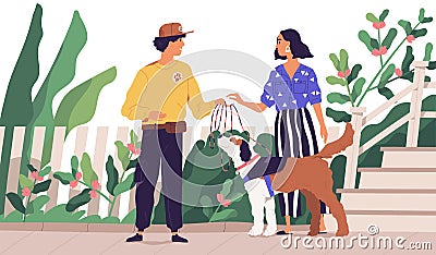 Professional dog walker getting domestic animal from owner. Cute woman giving leash to on-demand pet walking service Vector Illustration