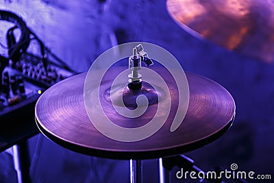 Professional drum kit on stage in night club Stock Photo