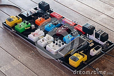 2018-07-27 Professional Electric Guitar Effects Pedal Set in the Editorial Stock Photo