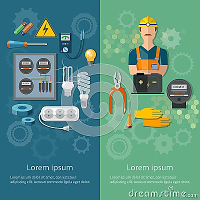 Professional electrical banners electricity energy electric tool Vector Illustration