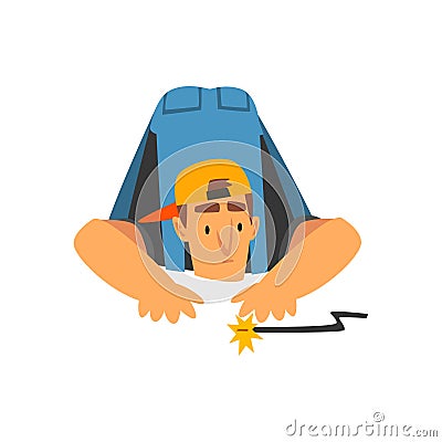 Professional Electrician Repairing Electrical Wire, Electric Man Character in Blue Overalls at Work Vector Illustration Vector Illustration