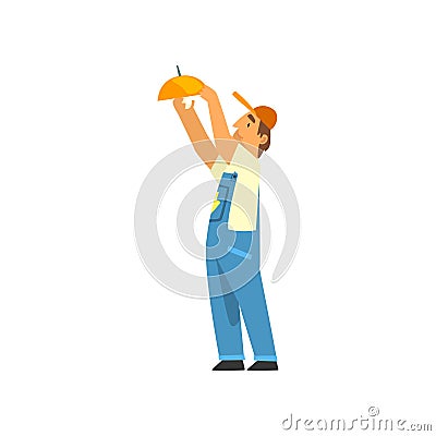 Professional Electrician Screwing Lamp, Electric Man Character in Blue Overalls at Work Vector Illustration Vector Illustration