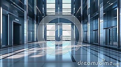 Professional and Elegant Blue Office Lobby with Elevators and Large Windows, Generative AI Stock Photo