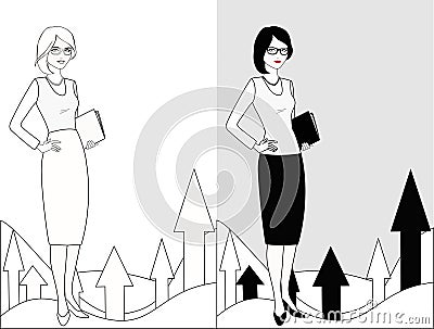 Professional employees holding paper document in hands on background of growing graphic. Vector Illustration