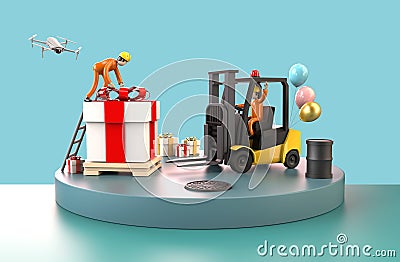 Professional employees working transport move a Large Gift box in warehouse or cargo with Forklift and Drone on Industrial Concept Cartoon Illustration