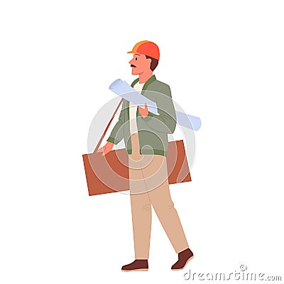 Professional engineer in helmet and jacket standing with folded paper blueprint in hand Vector Illustration