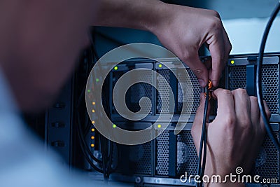 Professional experienced programmer holding LAN cables Stock Photo