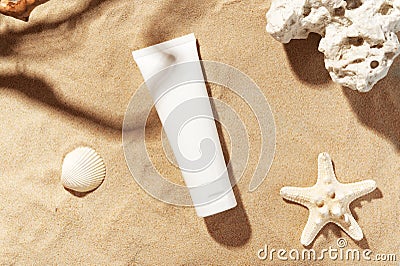 Professional face skincare. Unbranded flacon with moisturizing liquid. Cream or lotion. Mockup style. Summer decorations, seashell Stock Photo