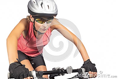 professional female cycling athlete riding mountain bike and equipped with professional bike gear isolated over white background. Stock Photo