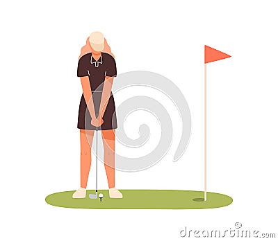 Professional female golf player aiming to hit on ball vector flat illustration. Sportswoman in cap holding niblick Vector Illustration