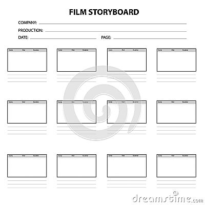 Professional film storyboard on white background. Scenario for media production. Film storyboard template sign. flat style Stock Photo