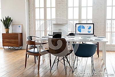 Professional financial analysts workplace without employees. Stock Photo