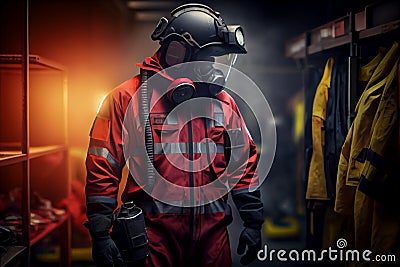Professional firefighter dressed in special uniform with gas mask. Portrait of a fireman wearing firefighter turnouts Cartoon Illustration