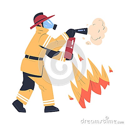 Professional firefighter putting out fire using extinguisher. Fireman character in uniform, mask and hat with rescue Vector Illustration