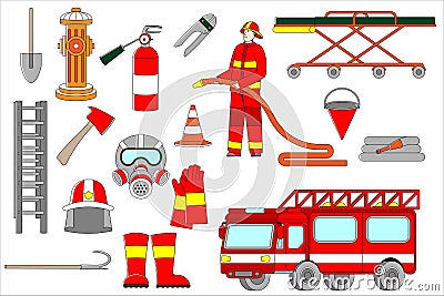 Professional firefighter in uniform in helmet, extinguisher, hydrant, car and stairs fireman vector illustration Vector Illustration