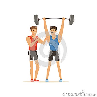 Professional fitness coach and bodybuilder man exercising with barbell, people exercising under control of personal Vector Illustration