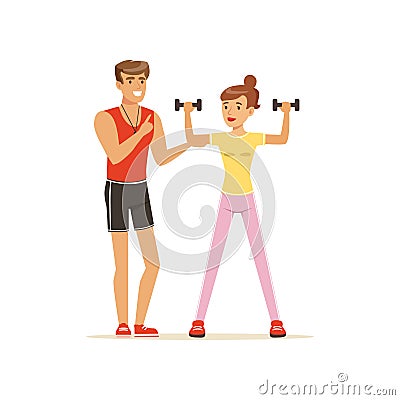 Professional fitness coach exercising with dumbbells, people exercising under control of personal trainer vector Vector Illustration